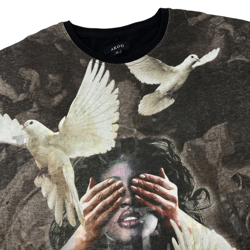 AKOO BRAND Black Long Sleeve Crewneck T-Shirt Streetwear Y2K Angel Dove Size XL